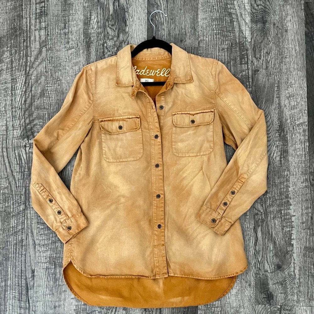 Madewell Small Camel Garment Dyed Cotton Utility Button Shirt High Low Hem - Picture 3 of 8
